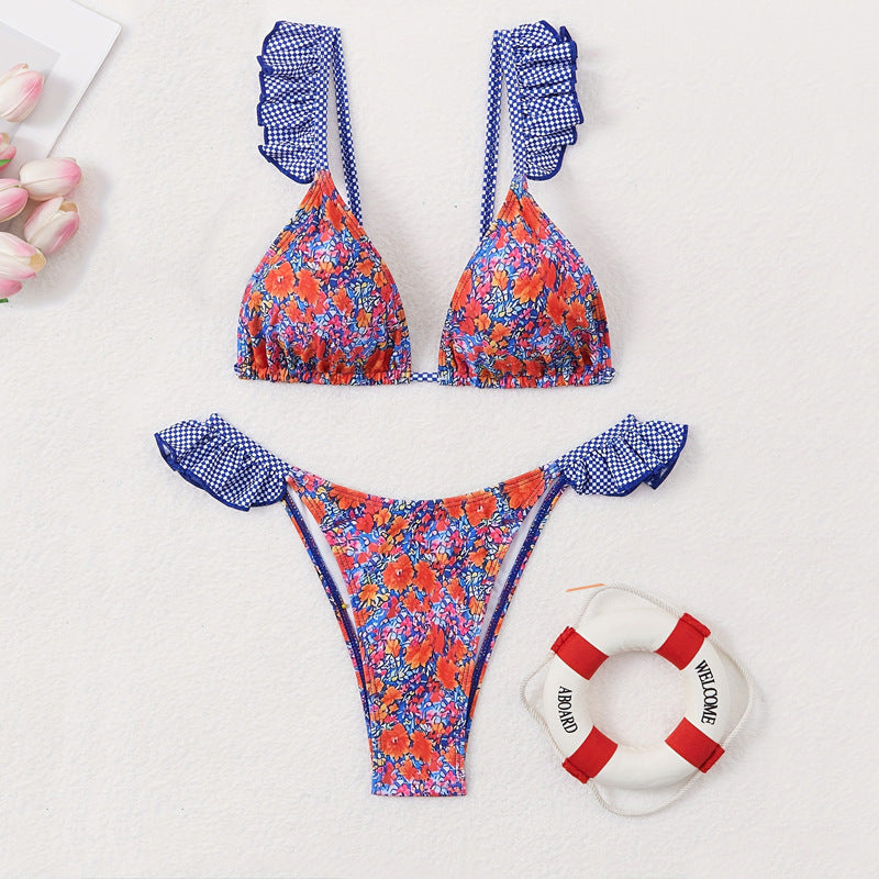 Damen Triangel-Bikini mit verspielten Rüschendetails und floralem Muster EB