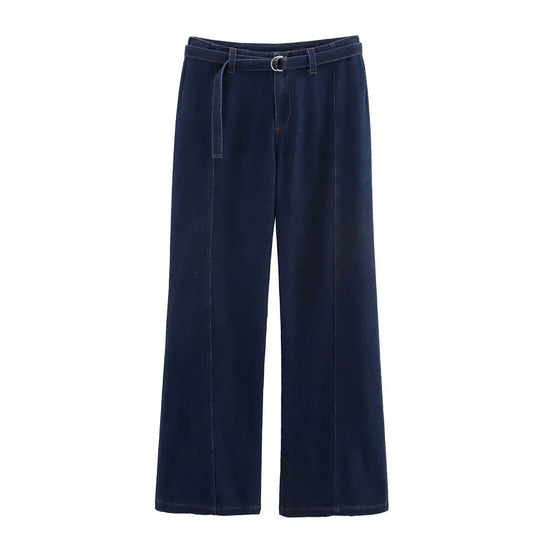 Damen weit geschnittene Jeanshose mit Bindegürtel und eleganter Silhouette EB