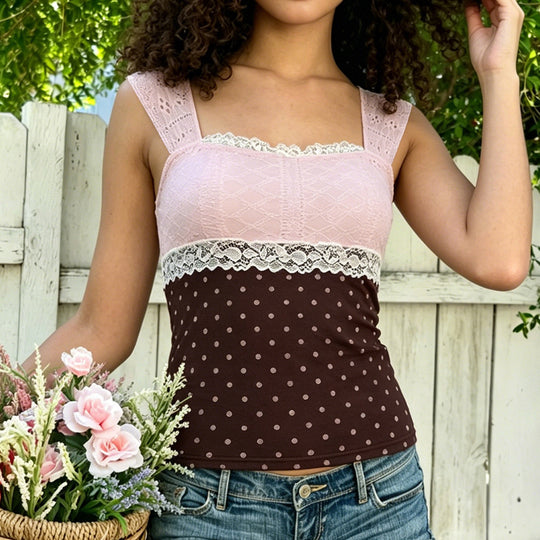 Damen Wunderschönes Oberteil mit Spitze und Punkte-Design EB