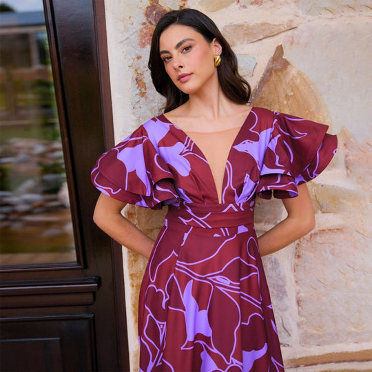Damen Maxi-Kleid mit voluminösen Puffärmeln und elegantem Schlitz EB