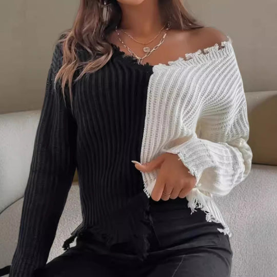 Damen Lässiger Strickpullover mit asymmetrischem Design und Fransen EB