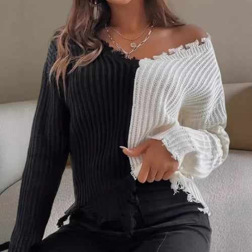 Damen Lässiger Strickpullover mit asymmetrischem Design und Fransen EB