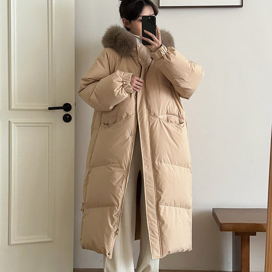 Damen Lange gefütterte Winterjacke mit hochwertigem Kunstfellkragen und praktischen Taschen EB