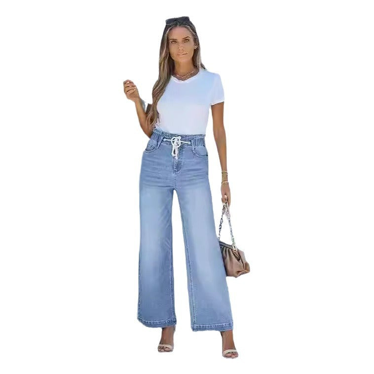 Damen nan hochgeschnittene Weitbein-Jeans mit Kordelbund und lässiger Culotte-Silhouette EB