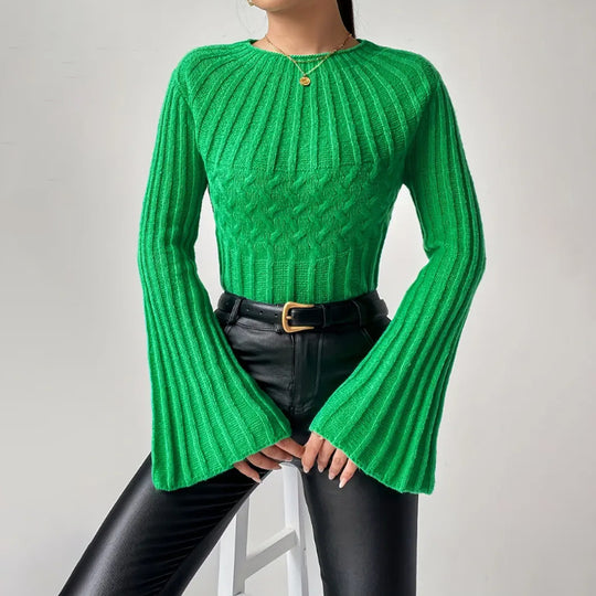 Damen Strickpullover mit weitem Ärmel und Zopfmuster EB