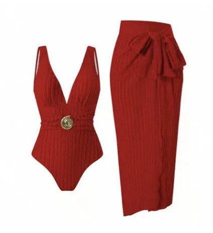 Damen Badeanzug mit femininem Wickelrock und elegantem Schmuckdetail EB