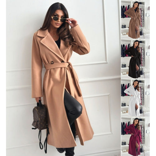 Damen eleganter taillierter Trenchcoat mit geschlossenem Kragen und Gürtel EB