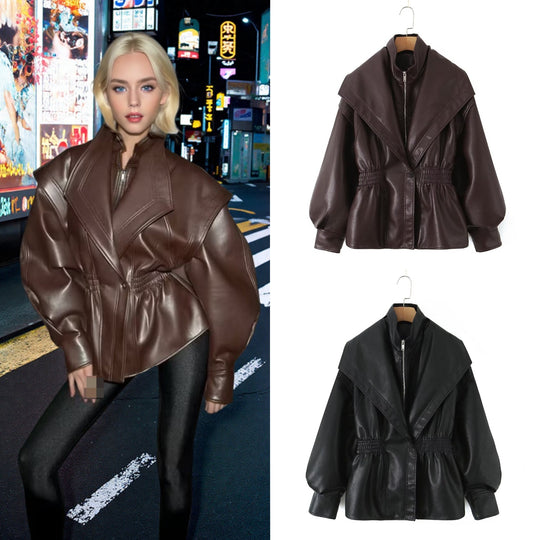 Damen Kunstlederjacke mit asymmetrischem Kragen und tailliertem Schnitt EB