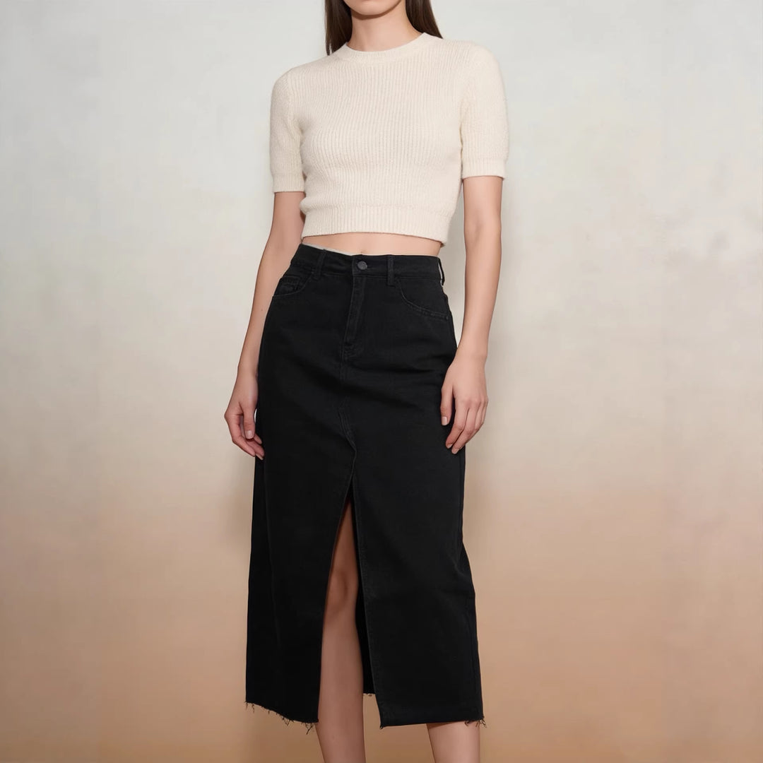 Damen Midi-Denim-Rock mit hohem Schlitz und fransigem Saum EB
