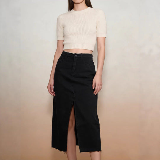 Damen Midi-Denim-Rock mit hohem Schlitz und fransigem Saum EB