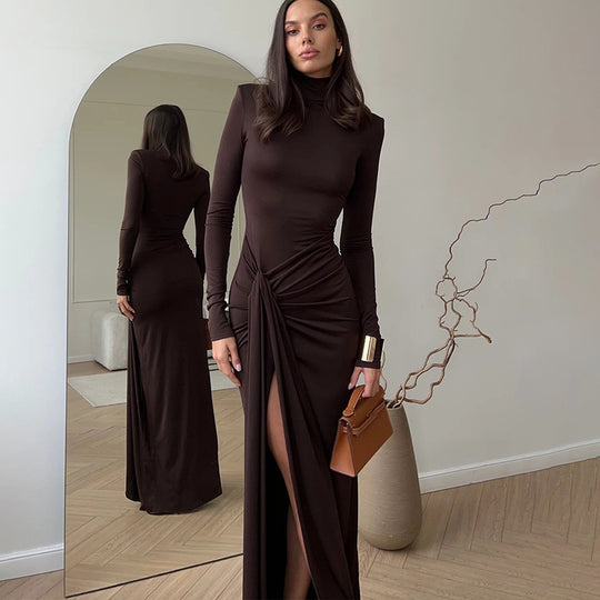Damen Maxi-Kleid mit strukturiertem Wickeldesign und hohem Schlitz EB