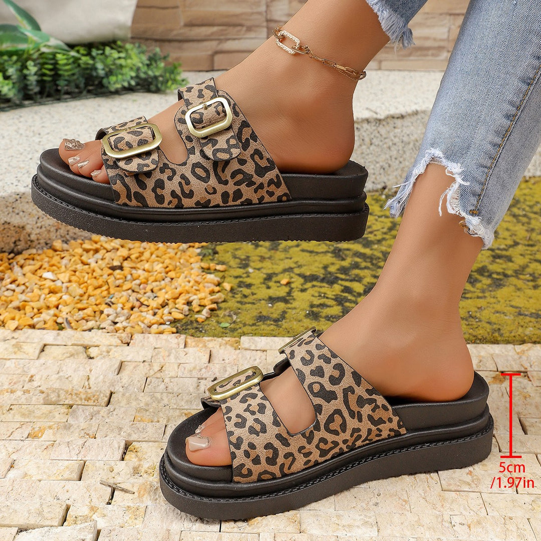 Damen modische Plateausandalen mit doppeltem Schnallenverschluss und Leopardenmuster EB