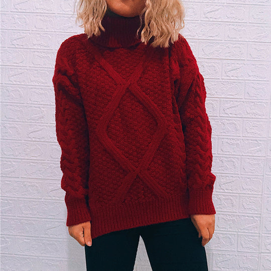 Damen Grobstrickpullover mit modischem Zopfmuster und hohem Kragen EB