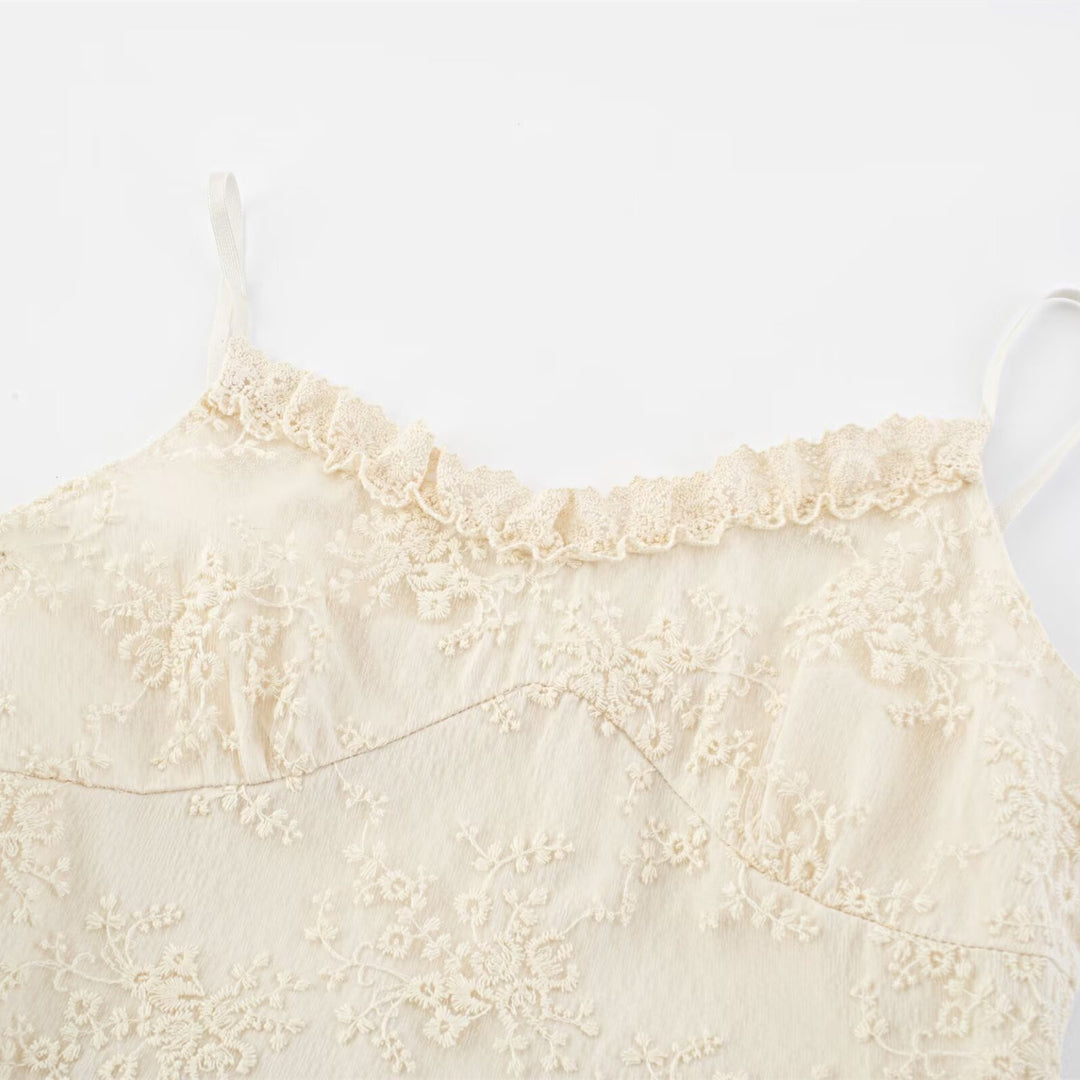 Damen romantisches Spitzenmaxikleid mit voluminösen Rüschenschichten EB