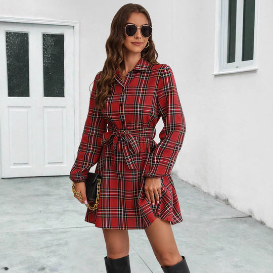 Damen Hemdblusenkleid mit karierter Musterung und taillierbarem Gürtel EB
