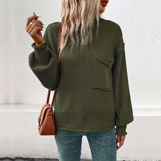 Damen lässiger Pullover mit voluminösen Ärmeln und praktischer Taschendetail EB