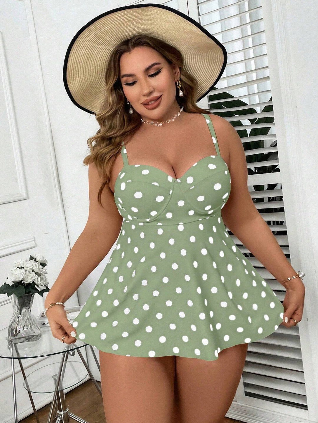 Damen Tankini mit figurbetontem Rock und Polka-Dots EB