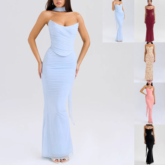 Damen Elegantes Couture-Maxikleid mit schulterfreiem Design und raffinierten Drapierungen EB