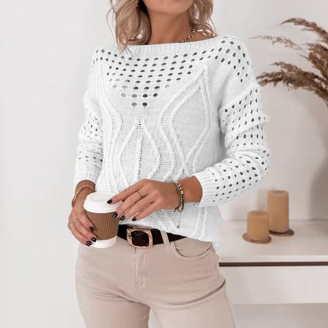 Damen Strickpullover mit luftigen Lochmustern und zartem Zopfdesign EB