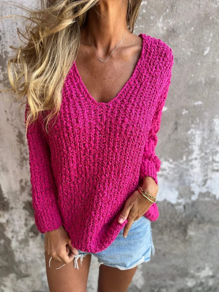Damen Bequemes V-Ausschnitt Sweatshirt mit Struktur und langen Ärmeln EB