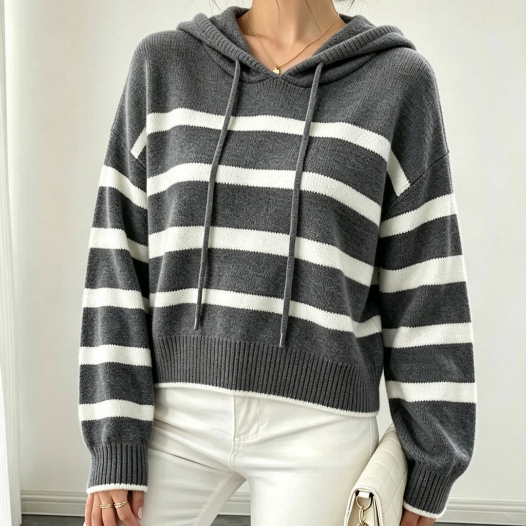 Damen Kapuzen-Strickpullover im Maritim-Look mit geripptem Saum und relaxed Fit EB