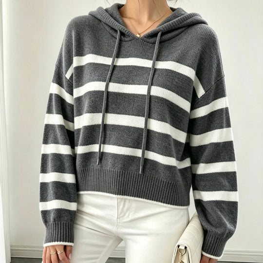 Damen Kapuzen-Strickpullover im Maritim-Look mit geripptem Saum und relaxed Fit EB