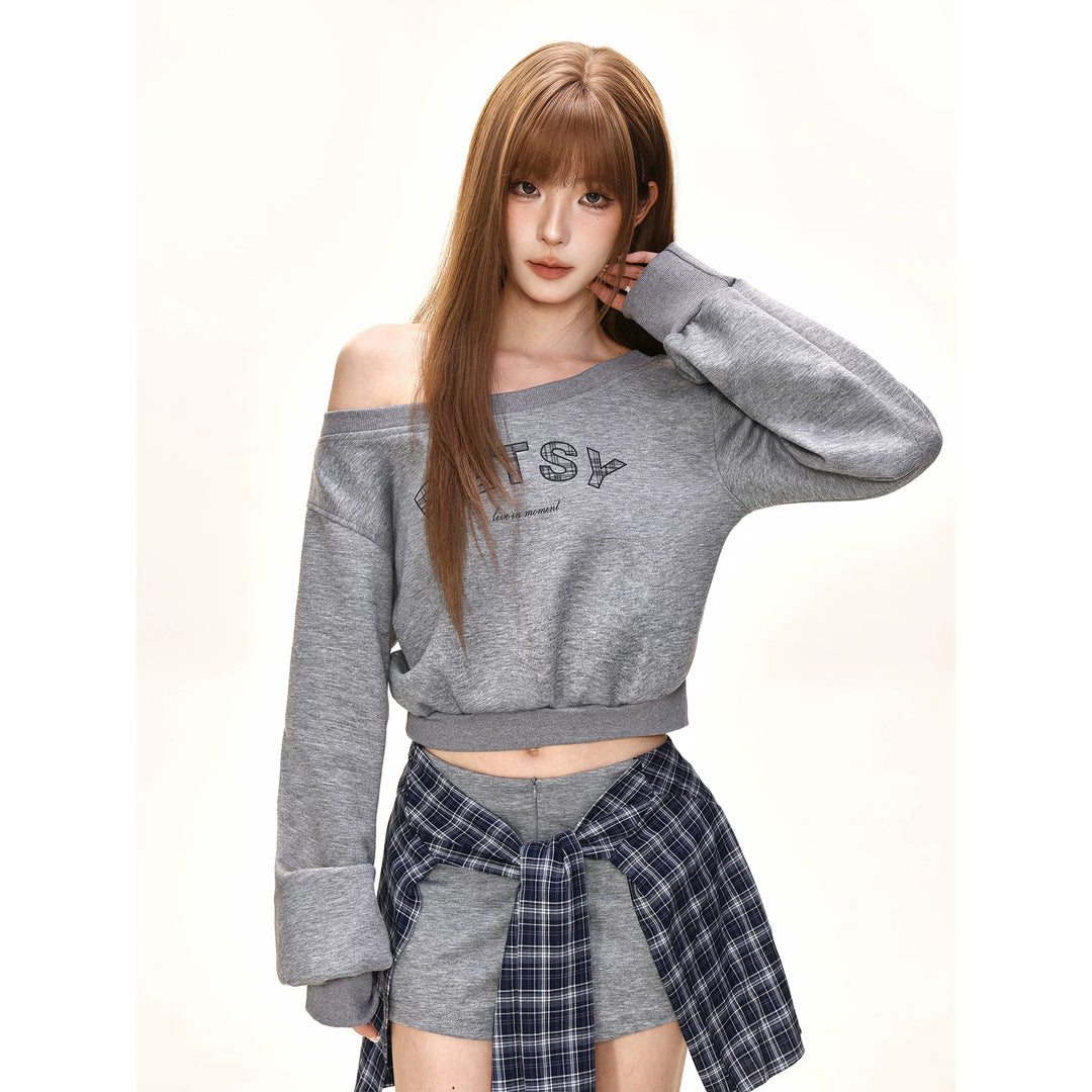 Damen nan einseitig offenes Cropped-French-Terry-Pullover mit voluminösen Ärmeln und Rippbund EB