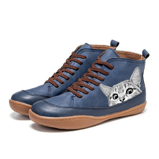 Damen nan knöchelhohe Sneaker mit niedlichem Katzenmotiv Stickerei und ergonomischem Komfortfußbett EB