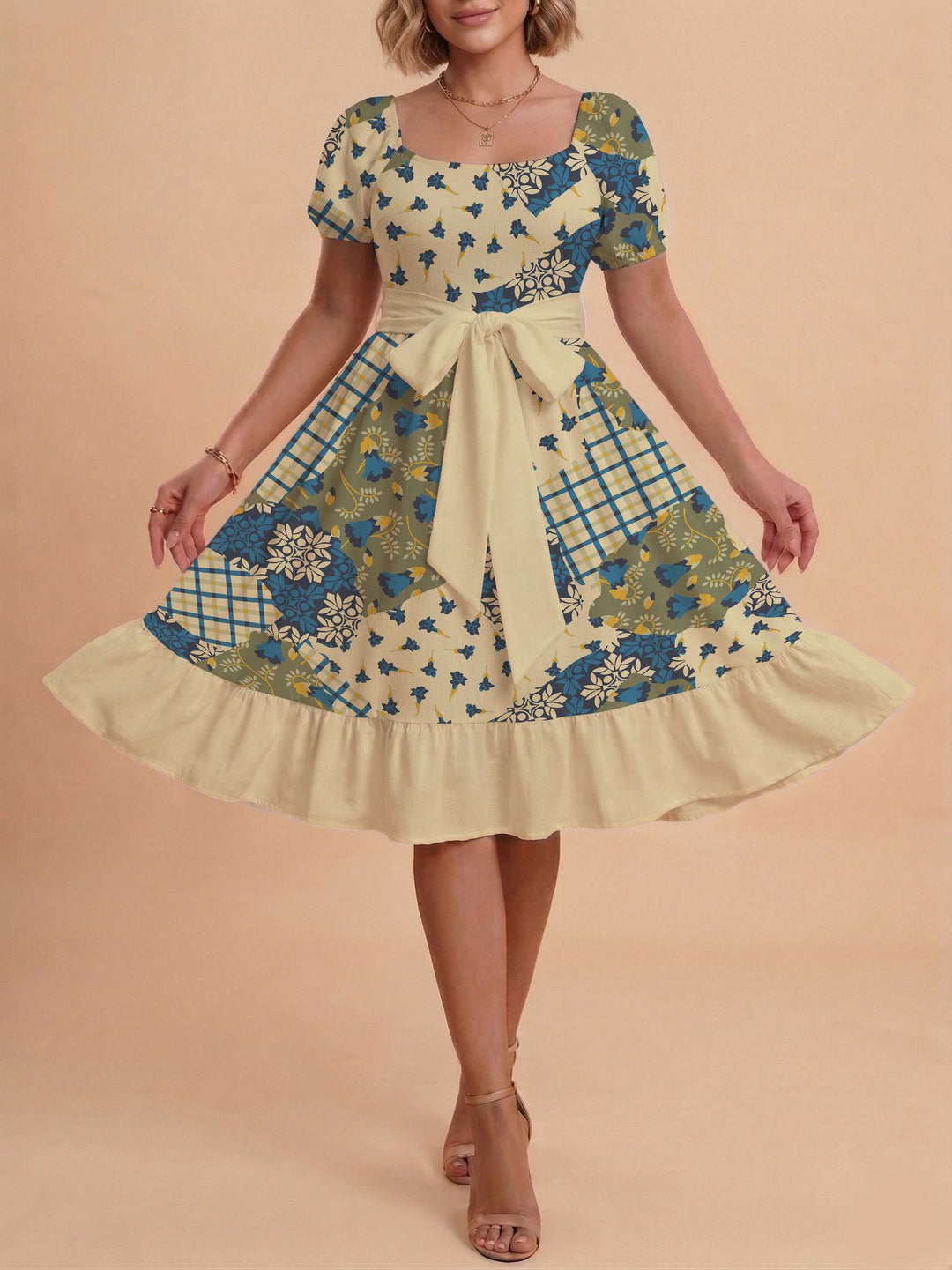 Damen Retro Maxikleid mit Puffärmeln und Taillengürtel EB