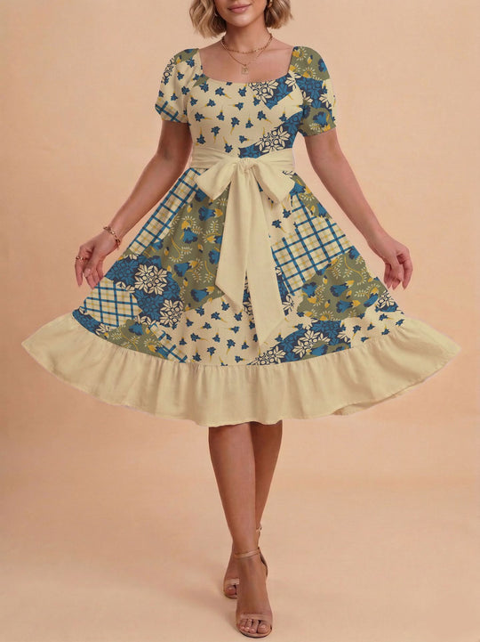 Damen Retro Maxikleid mit Puffärmeln und Taillengürtel EB