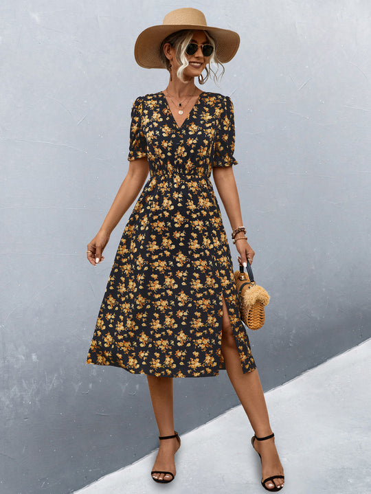 Damen midi Kleid mit floralen Mustern und seitlichem Schlitz EB