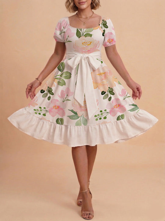 Damen A-Linien-Kleid mit floralen Motiven und taillierbarem Gürtel EB