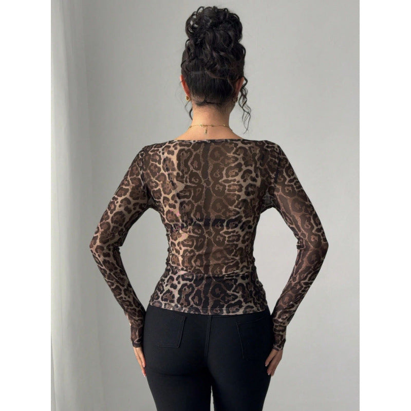 Damen Langarm-Body mit transparentem Leopardenmuster und enganliegender Passform EB