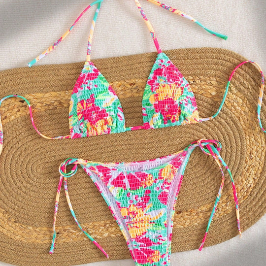 Damen Triangel-Bikini mit buntem Blumenmuster und verstellbarem Bindeband EB
