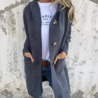 Damen Strickmantel mit Kapuze und Knöpfen EB