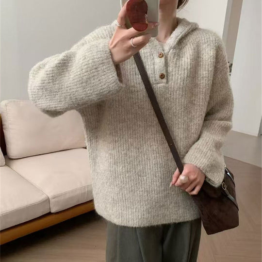 Damen bequemer Strickpullover mit Knopfleiste und Kapuze EB
