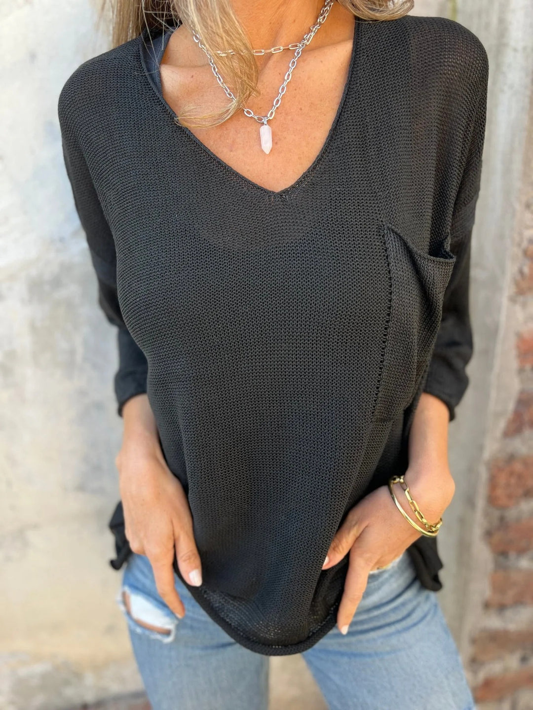 Damen Leichtes und lässiges Strickoberteil mit V-Ausschnitt und Taschen EB
