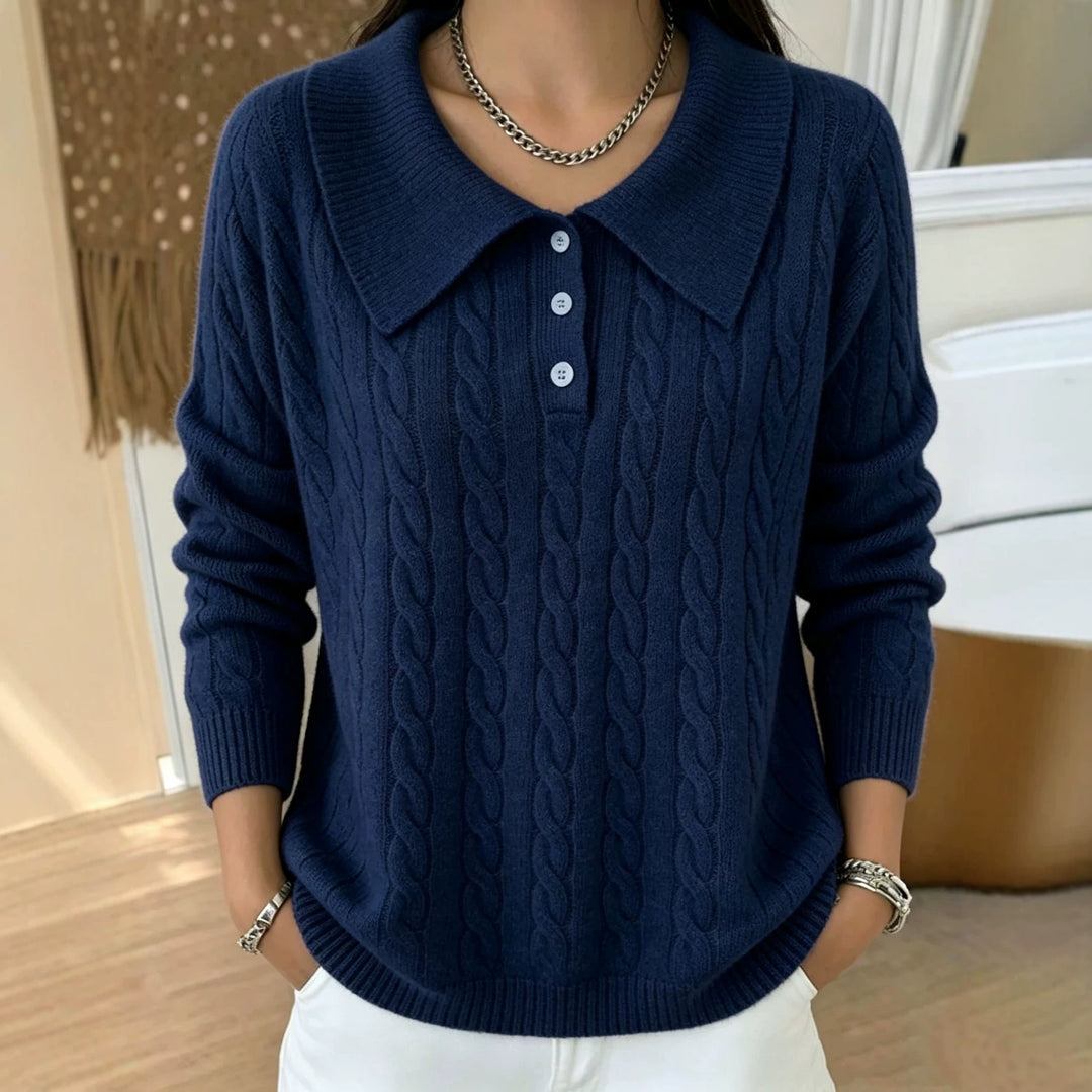 Damen Kabelstrick-Polo-Pullover mit großem Umlegekragen und lockerer Silhouette EB