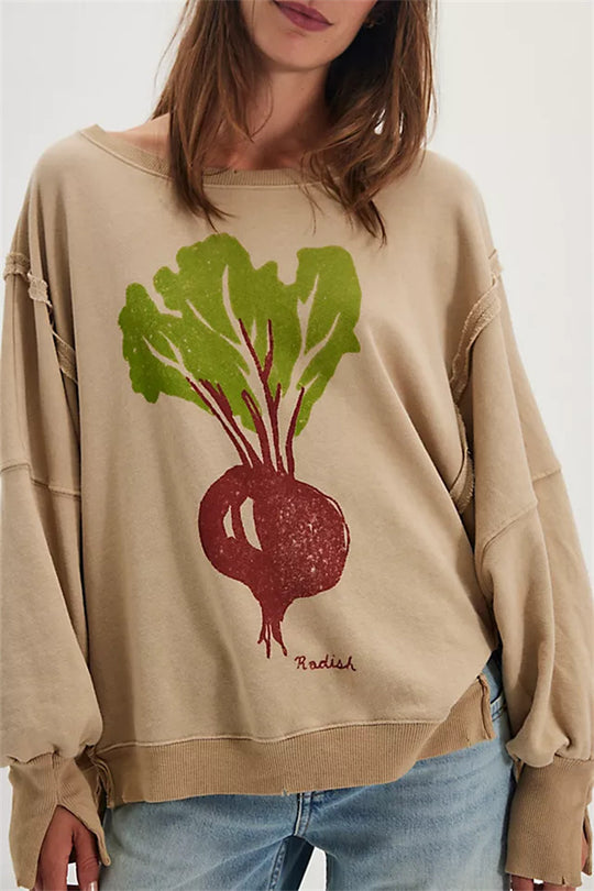 Damen oversized Sweatshirt mit Rüben-Print, ausgefransten Nahtakzenten und Daumenlochärmeln Eichborn Berlin