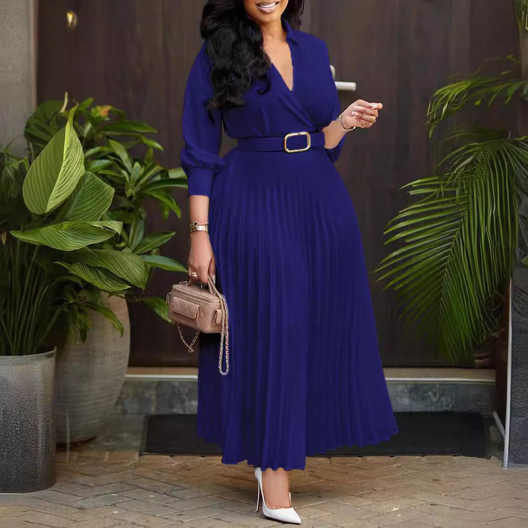 Damen Plissiertes Kleid mit elegantem V-Ausschnitt und Taillengürtel EB