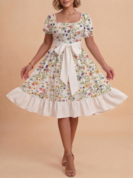 Damen Blumenkleid mit taillierbarem Gürtel und voluminösen Ärmeln EB