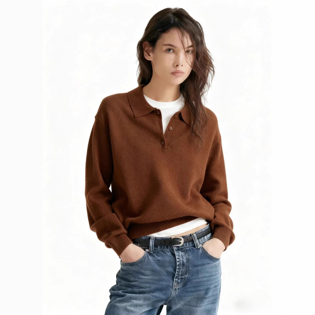 Damen Feinstrick-Polo-Sweater mit Knopfleiste und geripptem Saum EB