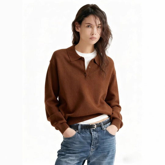 Damen Feinstrick-Polo-Sweater mit Knopfleiste und geripptem Saum EB