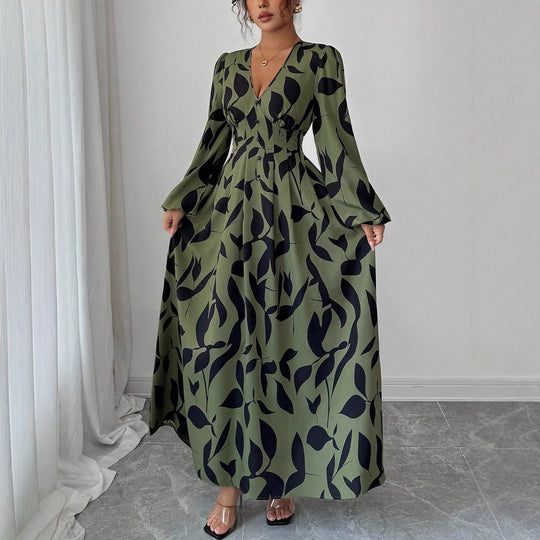 Damen Maxikleid mit taillierter Knopfleiste, V‑Ausschnitt und Ballonärmeln EB