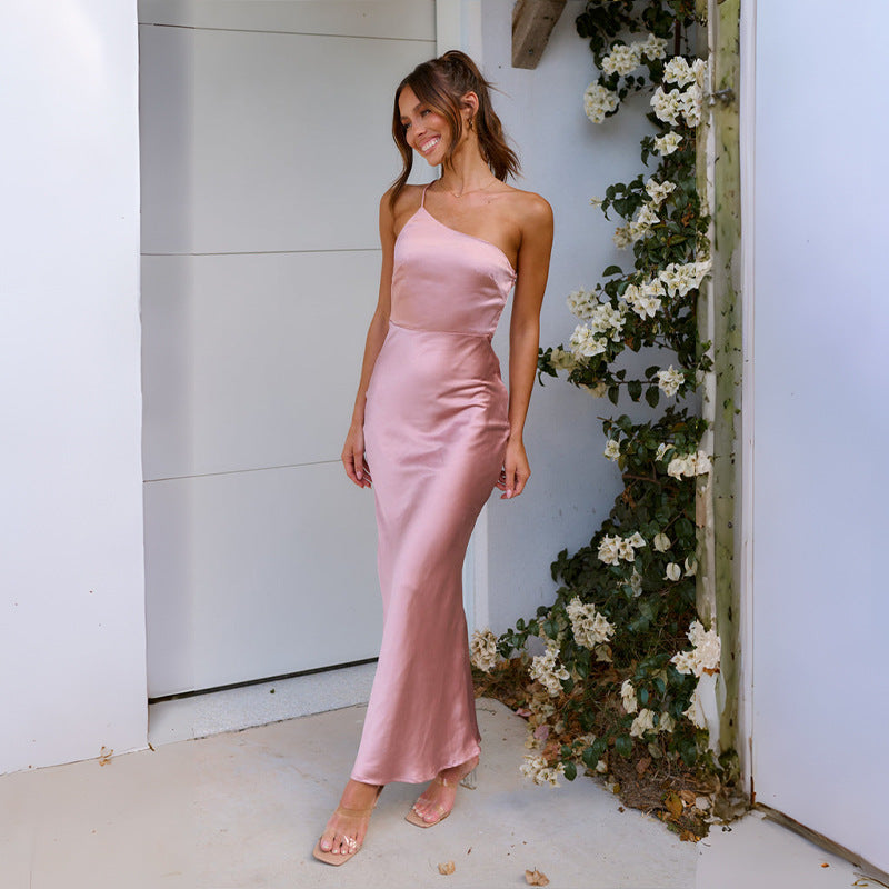 Damen Einseitig geschnittenes Satin-Maxikleid mit elegantem Fall EB