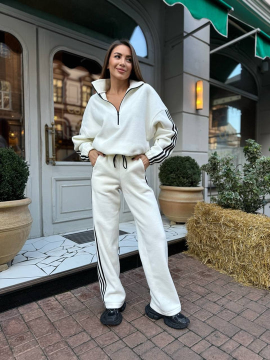 Damen Lässiges Sweat-Set mit Stehkragen, Ballonärmeln und Seitenstreifen EB