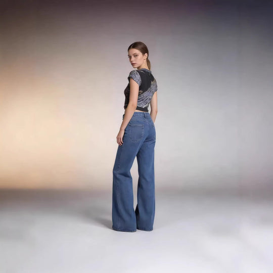 Damen nan hochgeschnittene Bundfalten-Weitbein-Jeans mit hohem Bund und Gürtelschlaufen EB