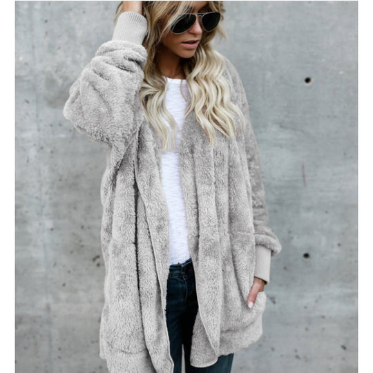 Damen Oversize Teddy‑Fleece‑Mantel mit offener Front, Eingrifftaschen und Rippbündchen EB