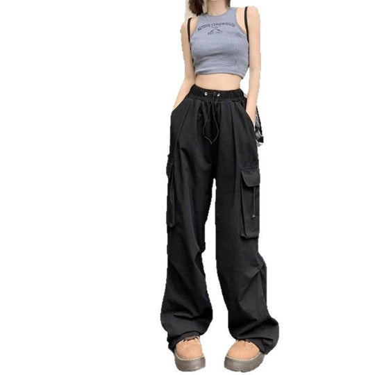 Damen nan Cargo-Hose mit hoher Taille, Elastikbund, großen Klappentaschen und Kordelzug EB