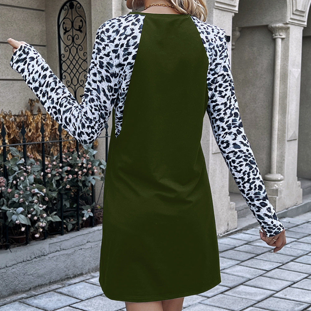 Damen lässiges Kleid mit tierischem Muster und langen Ärmeln EB